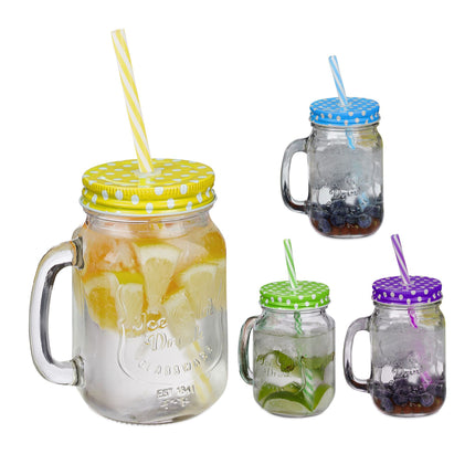Colorful drinking glasses with lids set of 4