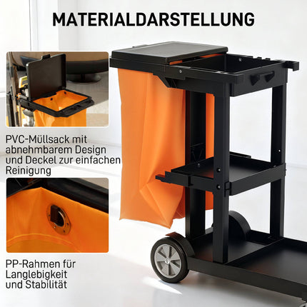 Commercial Cleaning Cart with 3 Shelves and Waste Bag