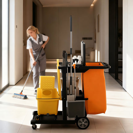 Commercial Cleaning Cart with 3 Shelves and Waste Bag