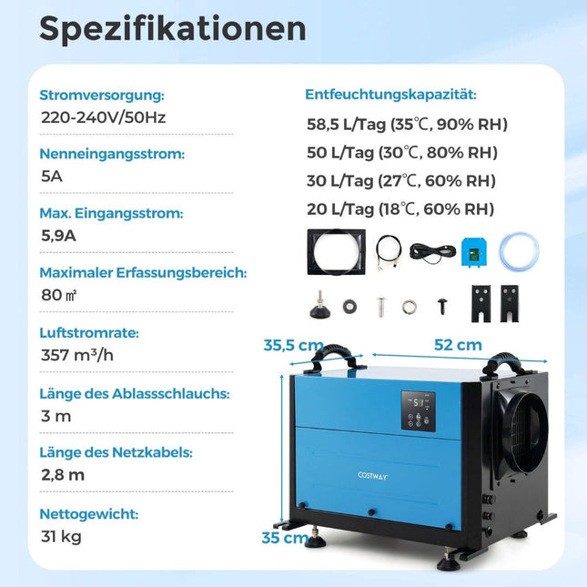 Gewerblicher Luftentfeuchter, 3 Modi, 24-Stunden-Timer, 58L/Tag Kapazität