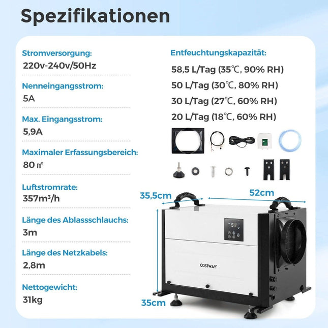 Gewerblicher Luftentfeuchter, 58L/Tag, 3 Modi, 24-Stunden-Timer