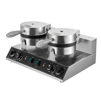 Commercial Dual-Head Round Waffle Maker, 2460W, Temp Timer