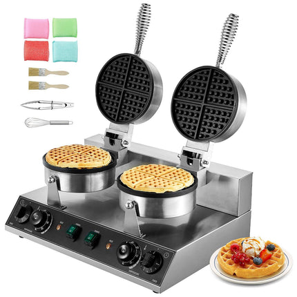 Commercial Dual-Head Round Waffle Maker, 2460W, Temp Timer