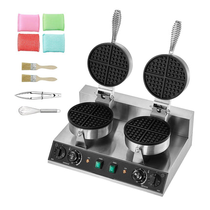 Commercial Dual-Head Round Waffle Maker, 2460W, Temp Timer