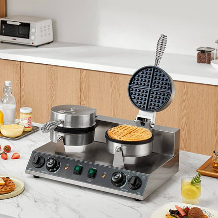 Commercial Dual-Head Round Waffle Maker, 2460W, Temp Timer