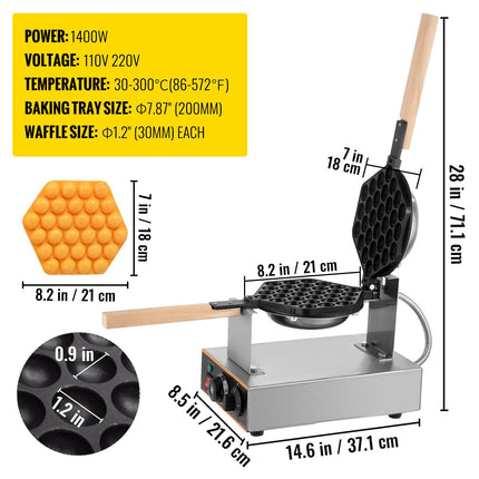 Commercial Egg Waffle Maker, 220V 1400W, 180 Swivel