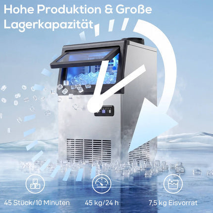 Commercial Ice Maker, 45kg/Day, Stainless Steel, Freestanding