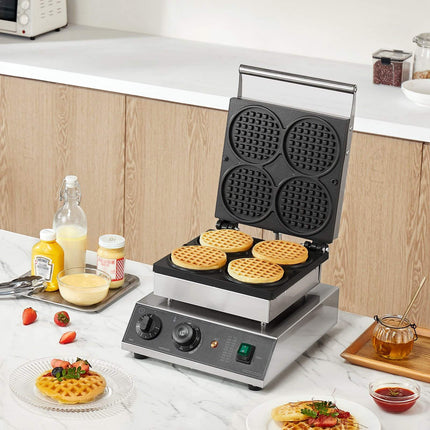 Commercial Waffle Maker, 4-Round, 1750W, Timer Control