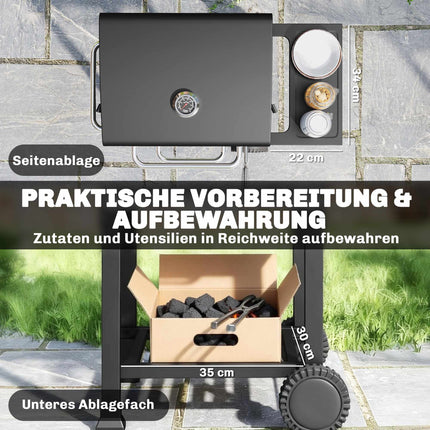 Kompakter Holzkohlegrill mit Thermometer und Seitenablage
