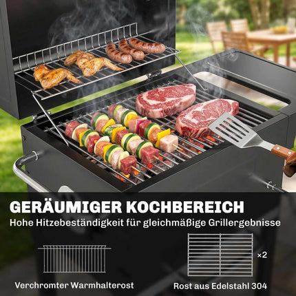 Kompakter Holzkohlegrill mit Thermometer und Seitenablage