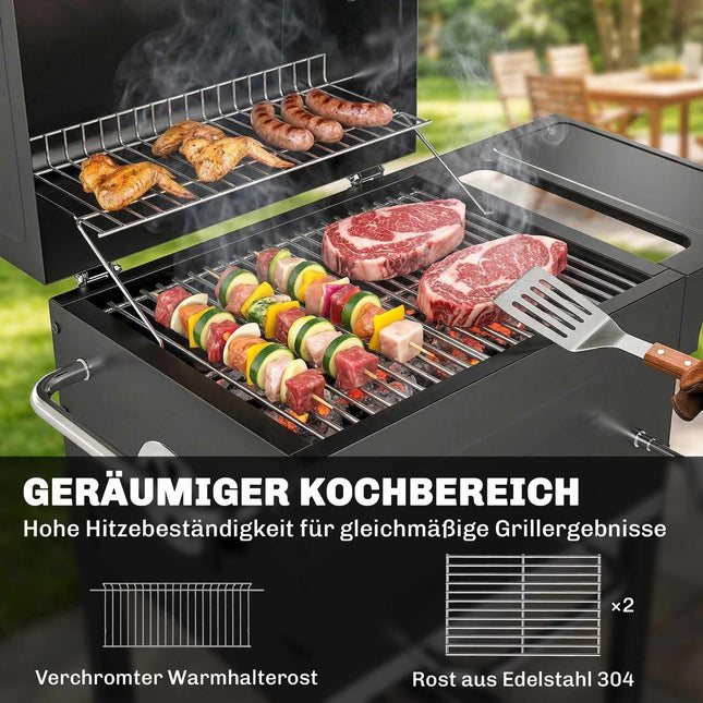 Kompakter Holzkohlegrill mit Thermometer und Seitenablage