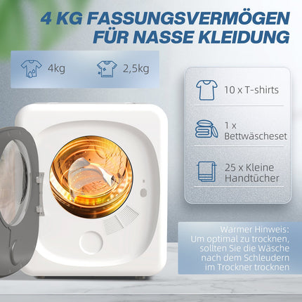 Kompakter Wäschetrockner, 4 kg Fassungsvermögen, 5 Programme, Timer
