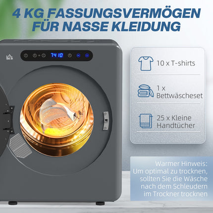 Kompakter Wäschetrockner, 4 kg Fassungsvermögen, 6 Programme, Touch-Steuerung