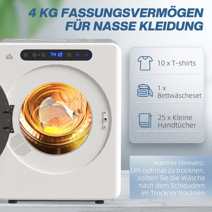 Kompakter Wäschetrockner, 4 kg Fassungsvermögen, Touch-Bedienung, Weiß