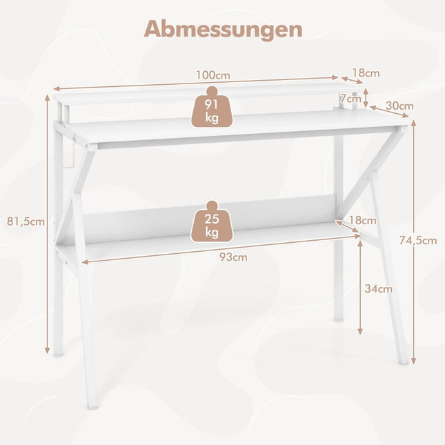 Compact bureau met monitorstandaard en plank, wit, 100x50 cm