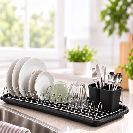 Compact Dish Drainer for 12 Plates with Drip Tray, Cutlery Holder, Black