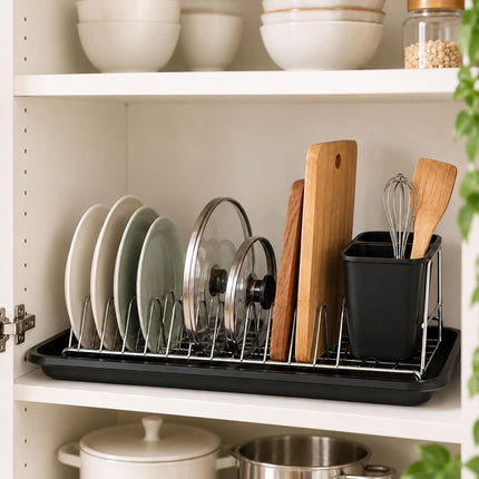 Compact Dish Drainer for 12 Plates with Drip Tray, Cutlery Holder, Black