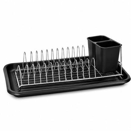 Compact Dish Drainer for 12 Plates with Drip Tray, Cutlery Holder, Black