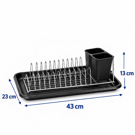 Compact Dish Drainer for 12 Plates with Drip Tray, Cutlery Holder, Black
