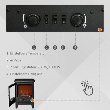 Kompakter elektrischer Kaminofen, 900W/1800W, Schwarz
