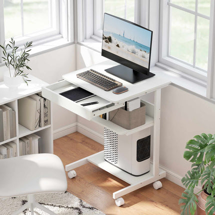 Compact Rolling Desk with Drawer & Shelves, White
