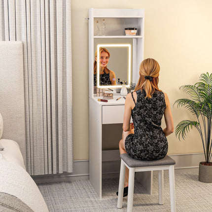 Compact dressing table with mirror and LED lighting, foldable tabletop, open shelves, drawer, MDF, white
