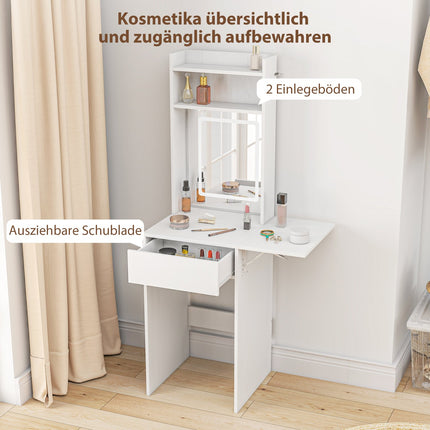 Compact dressing table with mirror and LED lighting, foldable tabletop, open shelves, drawer, MDF, white