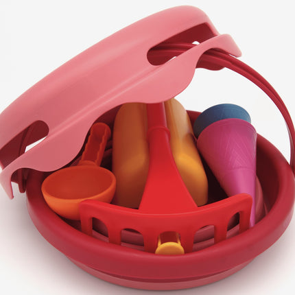 Compactoys plážový kbelík s hračkami na písek 7 v 1, červený