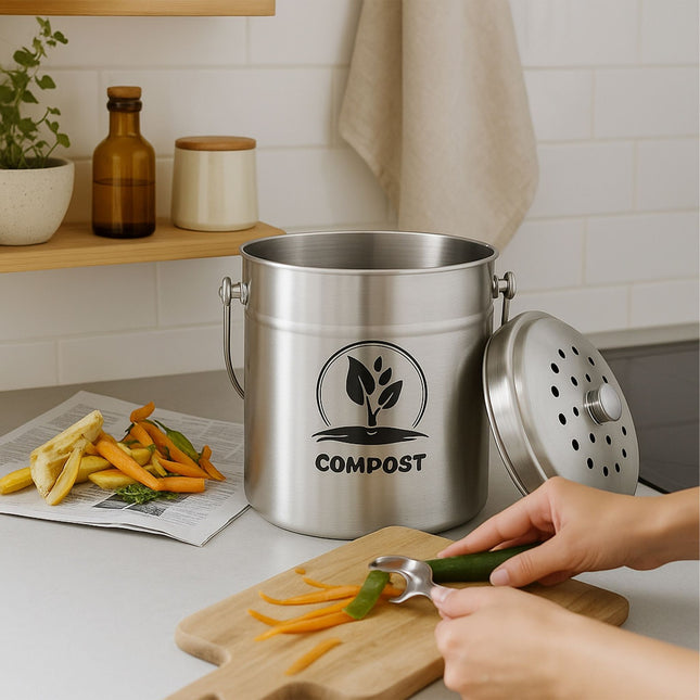 Compost Bin, 5L Stainless Steel with Filter
