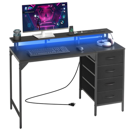 Computer Desk 120 cm with LED Lights, Power, 4 Drawers