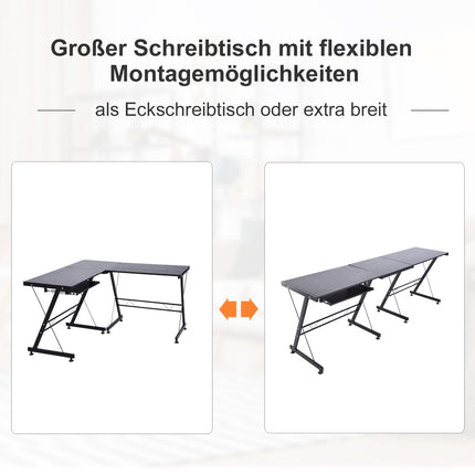 Flexible computer table - black MDF & steel, 210x50x73.5 cm