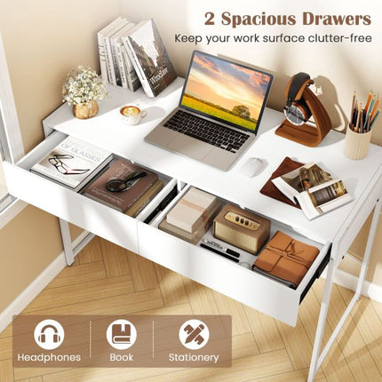 Computer Desk With 2 Drawers, Metal Frame, White