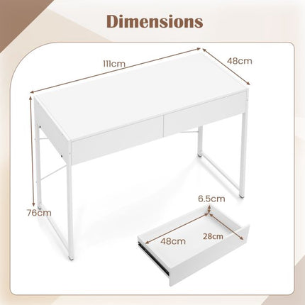 Computer Desk With 2 Drawers, Metal Frame, White