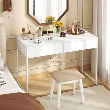 Computer Desk With 2 Drawers, Metal Frame, White