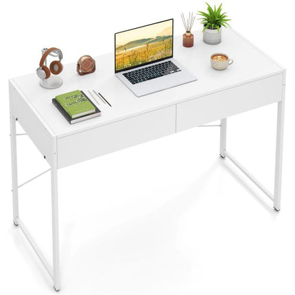 Computer Desk With 2 Drawers, Metal Frame, White