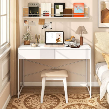 Computer Desk With 2 Drawers, Metal Frame, White