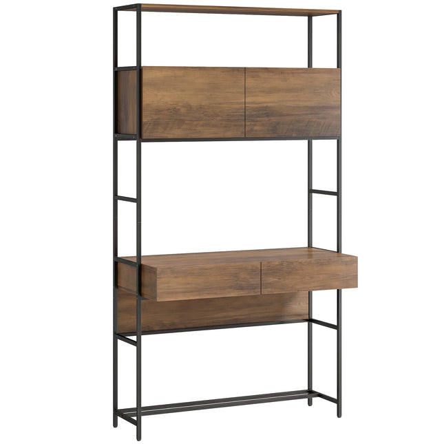 Computerbureau met planken en 2 lades, bruin, 185 cm