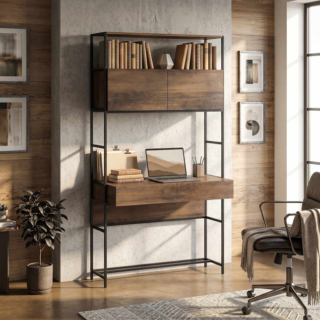 Computerbureau met planken en 2 lades, bruin, 185 cm