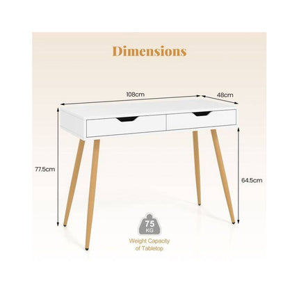 Computer Desk with 2 Drawers, 108 x 48 cm Writing Study Desk, White