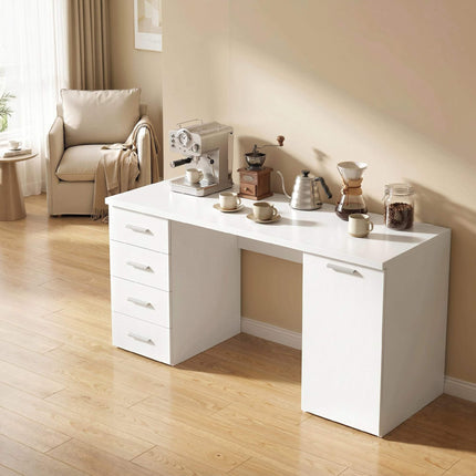 Computertisch mit 4 Schubladen und Schrank, 140 cm, weißes Holz