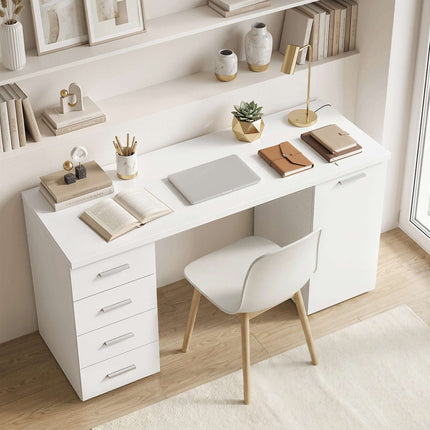 Computertisch mit 4 Schubladen und Schrank, 140 cm, weißes Holz