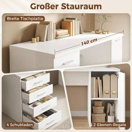 Computertisch mit 4 Schubladen und Schrank, 140 cm, weißes Holz