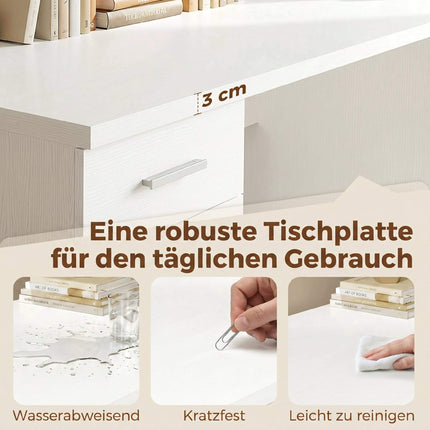 Computertisch mit 4 Schubladen und Schrank, 140 cm, weißes Holz