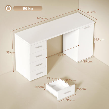 Computertisch mit 4 Schubladen und Schrank, 140 cm, weißes Holz