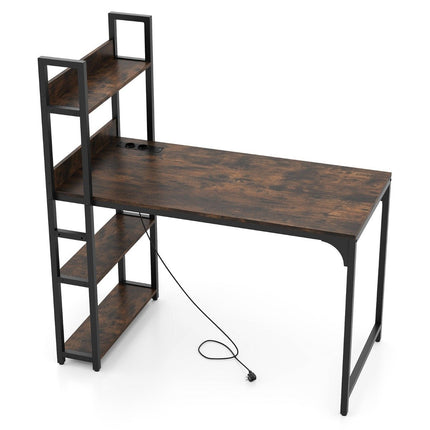 Computer Desk with Charging Station & Bookshelf, Brown