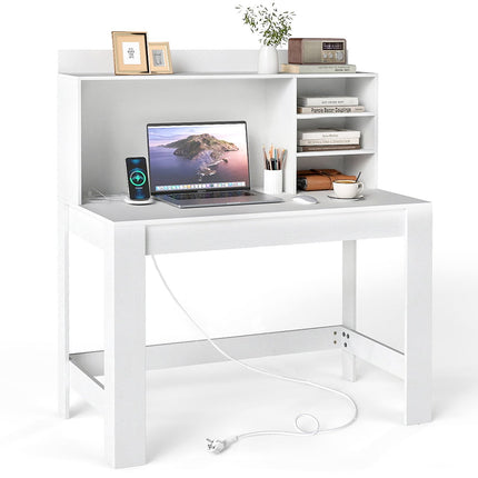 Computer Desk with Hutch, Power Outlets & Cable Management