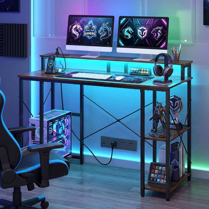 Computer Desk with LED Lights, Power Outlets & Monitor Stand