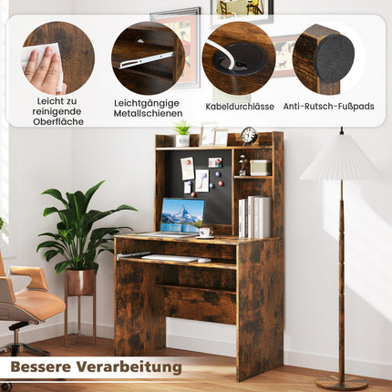 Computer Desk with Magnetic Board, Brown, Keyboard Tray