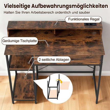 Computertisch mit Steckdosen, Schublade und Regalen, Rustikales Braun