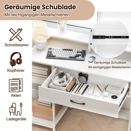Computertisch mit Steckdosen, Schublade & Ablagen, Weiß